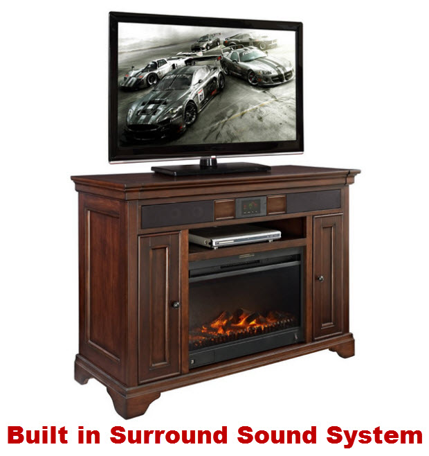 Electric fireplace media console with surround sound